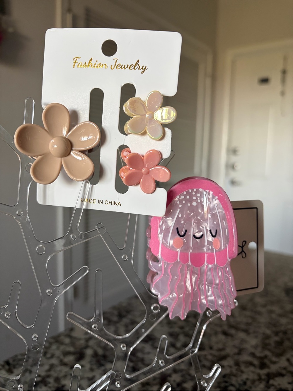 Fashion Jewelry Pink Jellyfish and Floral Hair Clip Set